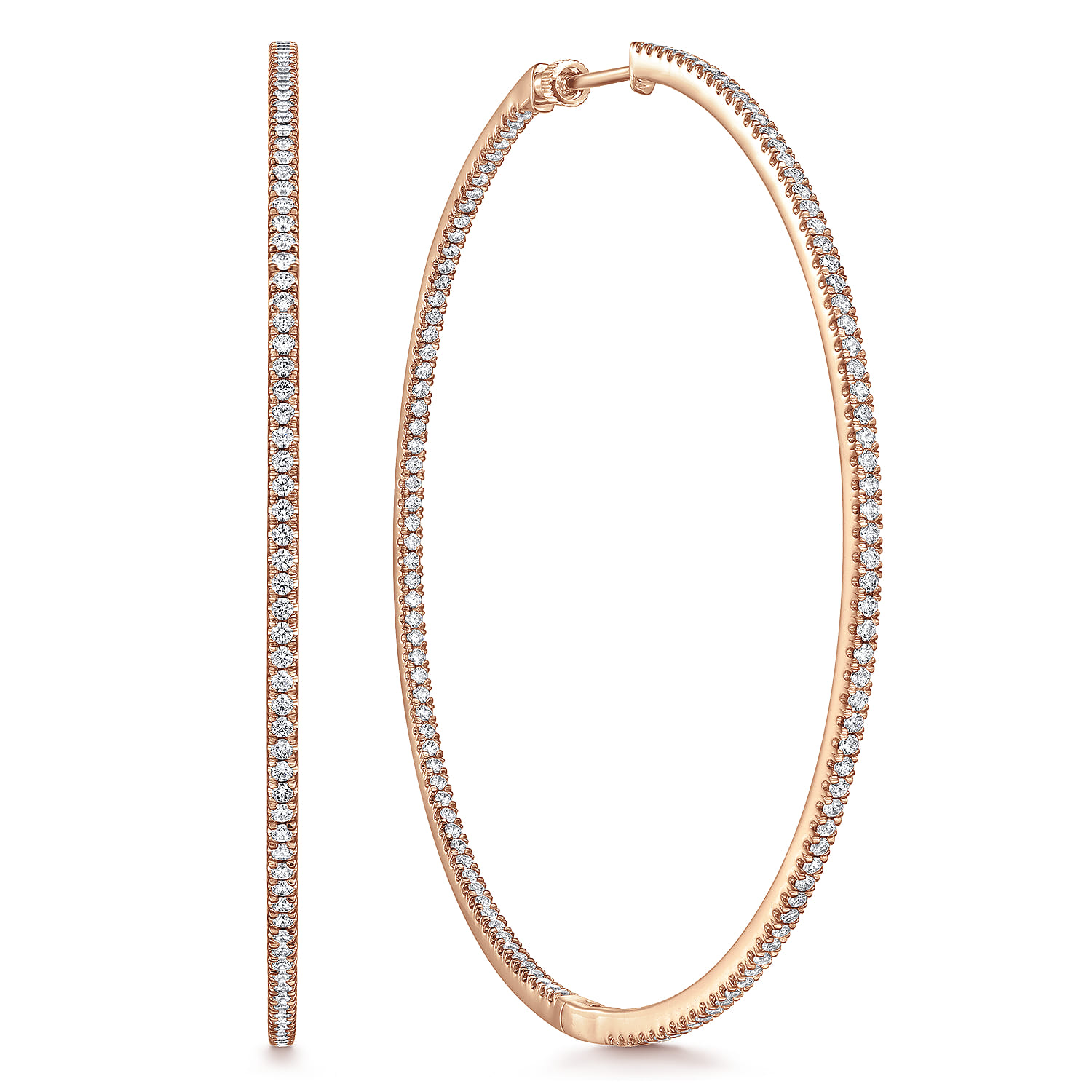 14K Rose Gold French Pave 80mm Round Inside Out Diamond Hoop Earrings - 3.6 ct - Shot 1