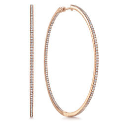 14K Rose Gold French Pave 80mm Round Inside Out Diamond Hoop Earrings