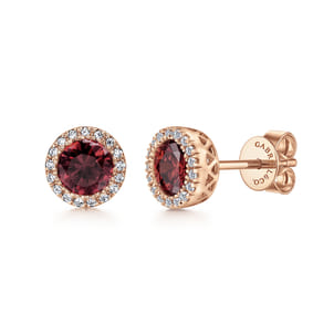 14K Rose Gold Garnet and Diamond Halo Stud Earrings