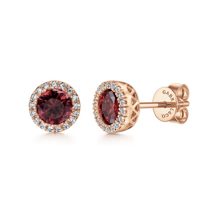14K Rose Gold Garnet and Diamond Halo Stud Earrings