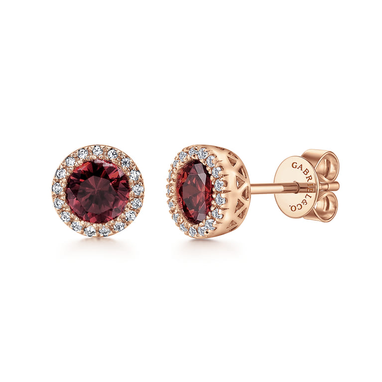 14K Rose Gold Garnet and Diamond Halo Stud Earrings - 0.1 ct - Shot 1