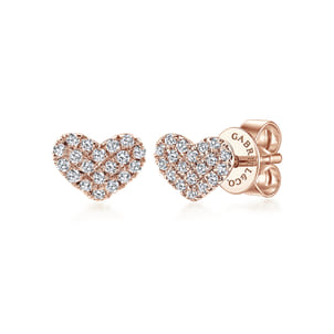 14K Rose Gold Heart Shaped Pave Diamond Stud Earrings