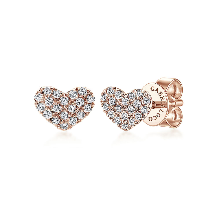 14K Rose Gold Heart Shaped Pave Diamond Stud Earrings