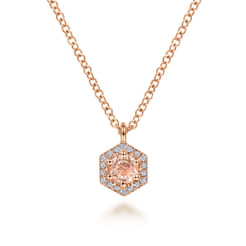 14K Rose Gold Hexagonal Halo Morganite and Diamond Pendant Necklace