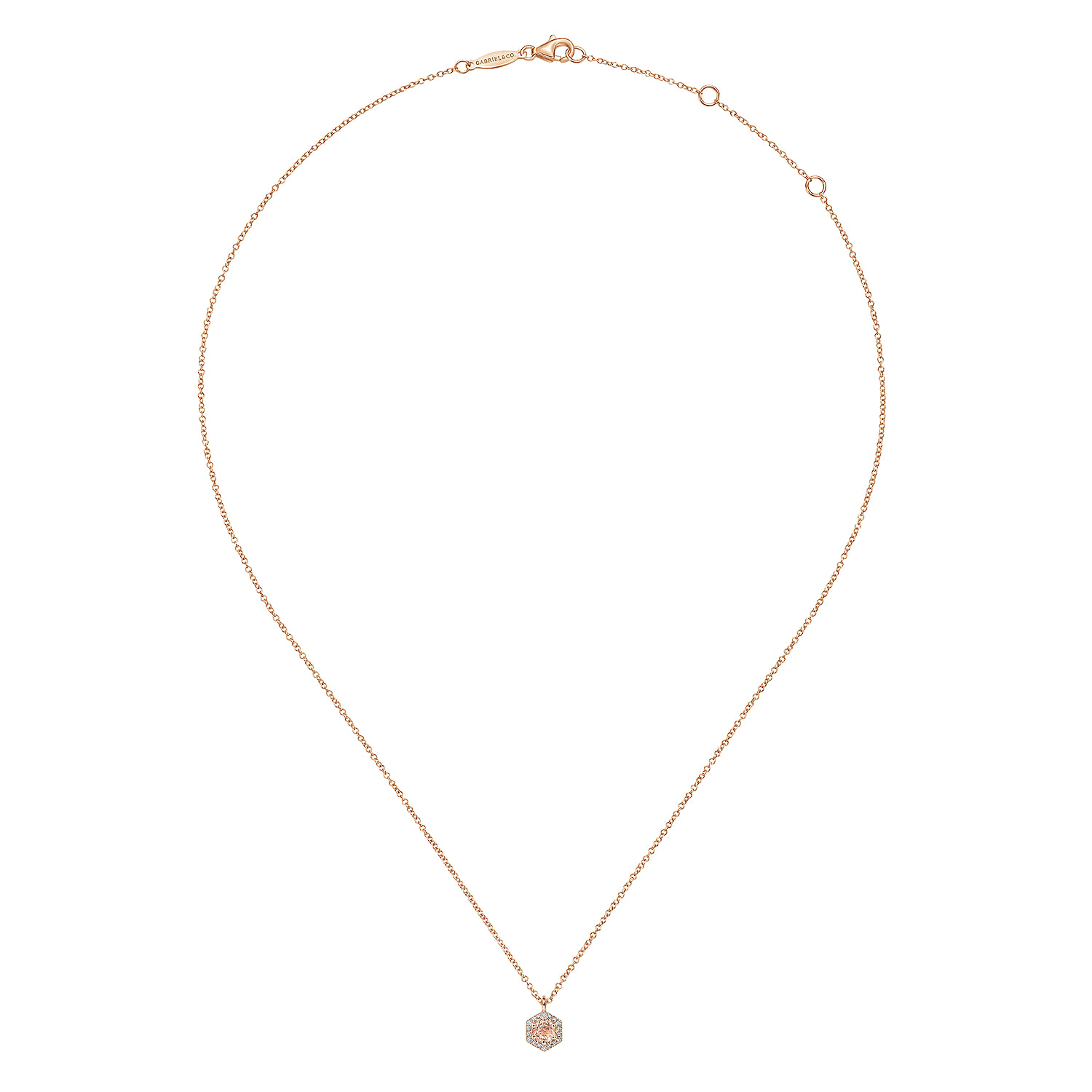 14K Rose Gold Hexagonal Halo Morganite and Diamond Pendant Necklace
