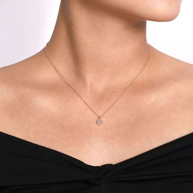 14K Rose Gold Hexagonal Halo Morganite and Diamond Pendant Necklace