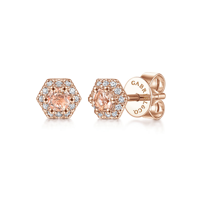 14K Rose Gold Hexagonal Morganite and Diamond Stud Earrings - 0.07 ct - Shot 1