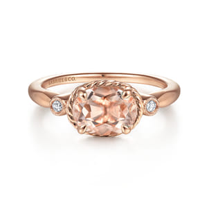 14K Rose Gold Horizontal Oval Morganite and Diamond Three Stone Ring