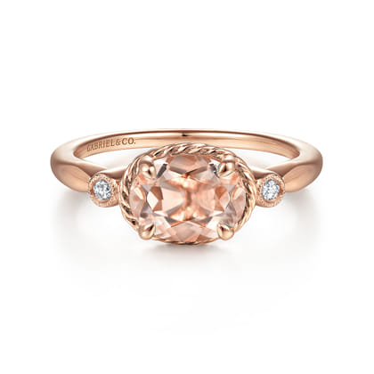 14K Rose Gold Horizontal Oval Morganite and Diamond Three Stone Ring
