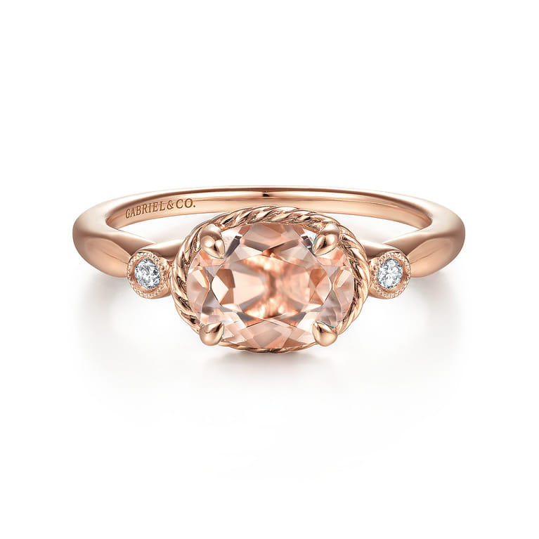 14K Rose Gold Horizontal Oval Morganite and Diamond Three Stone Ring - 0.03 ct - Shot 1