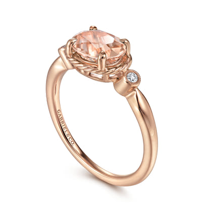 14K Rose Gold Horizontal Oval Morganite and Diamond Three Stone Ring