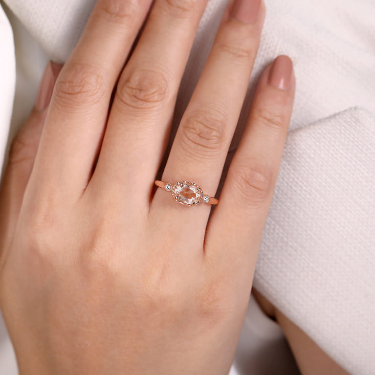 14K Rose Gold Horizontal Oval Morganite and Diamond Three Stone Ring - 0.03 ct - Shot 5