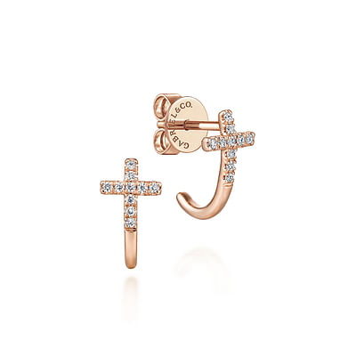 14K Rose Gold J Curve Diamond Cross Stud Earrings
