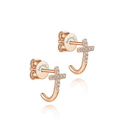14K Rose Gold J Curve Diamond Cross Stud Earrings - 0.1 ct - Shot 2
