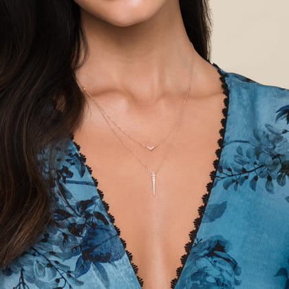 14K Rose Gold Layered Pave Diamond Bar and Spike Pendant Necklace