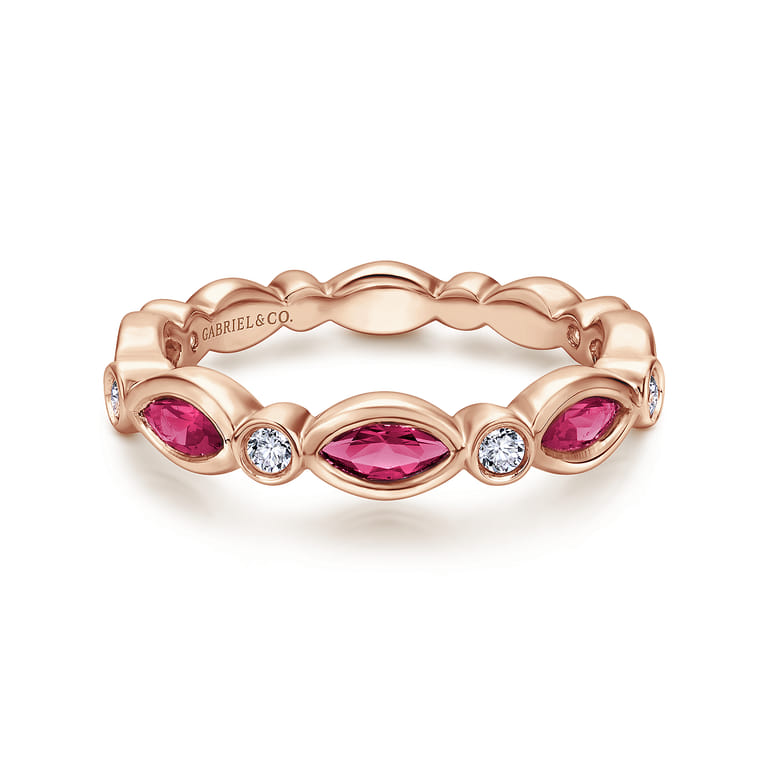 14K Rose Gold Marquise Ruby and Round Diamond Stackable Ring - 0.13 ct - Shot 1