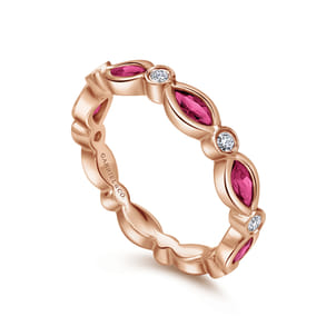 14K Rose Gold Marquise Ruby and Round Diamond Stackable Ring