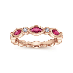 14K Rose Gold Marquise Ruby and Round Diamond Stackable Ring