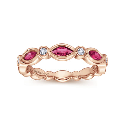14K Rose Gold Marquise Ruby and Round Diamond Stackable Ring