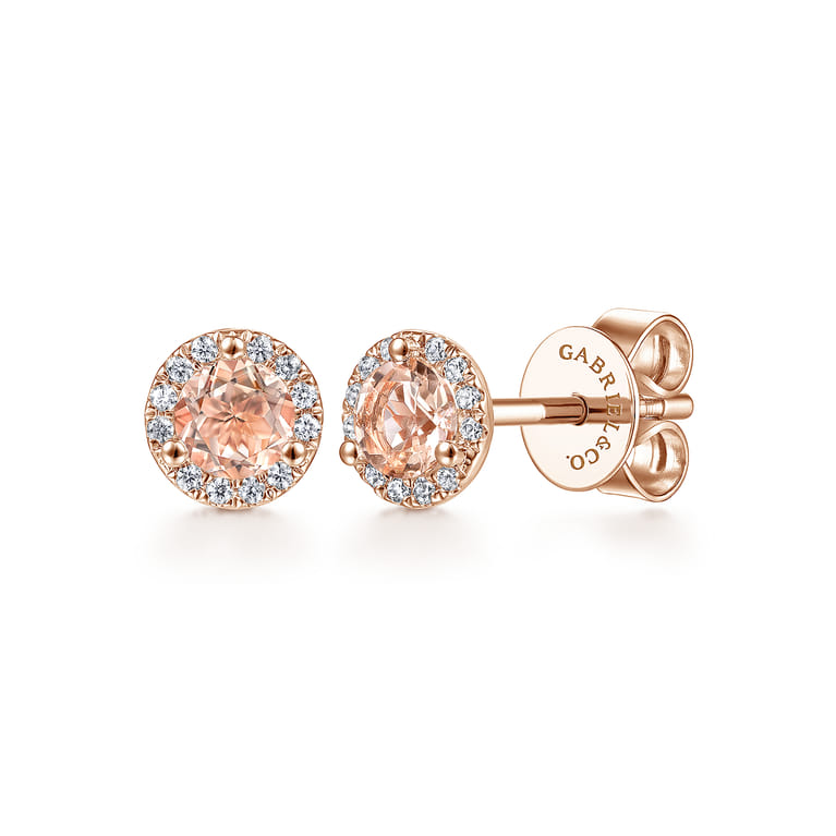 14K Rose Gold Morganite and Diamond Halo Stud Earrings - 0.09 ct - Shot 1