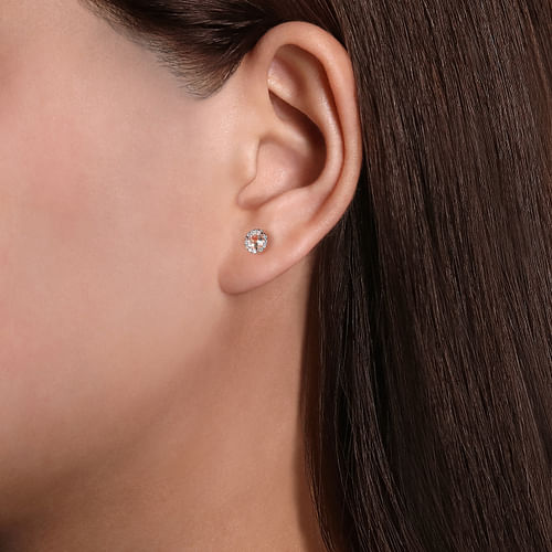 14K Rose Gold Morganite and Diamond Halo Stud Earrings - 0.09 ct - Shot 2