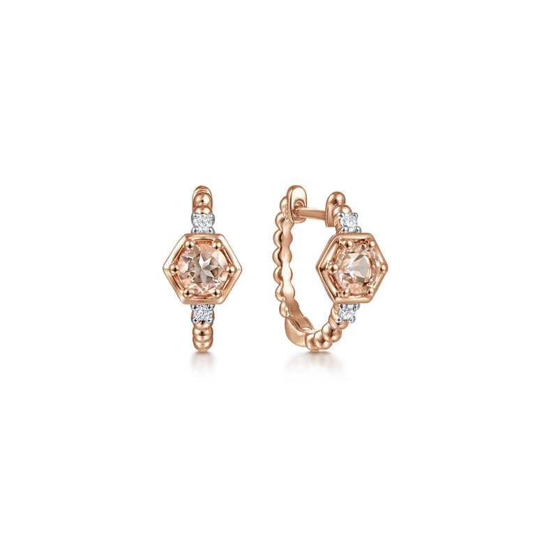 14K Rose Gold Morganite and Diamond Huggies - 0.06 ct - Shot 1