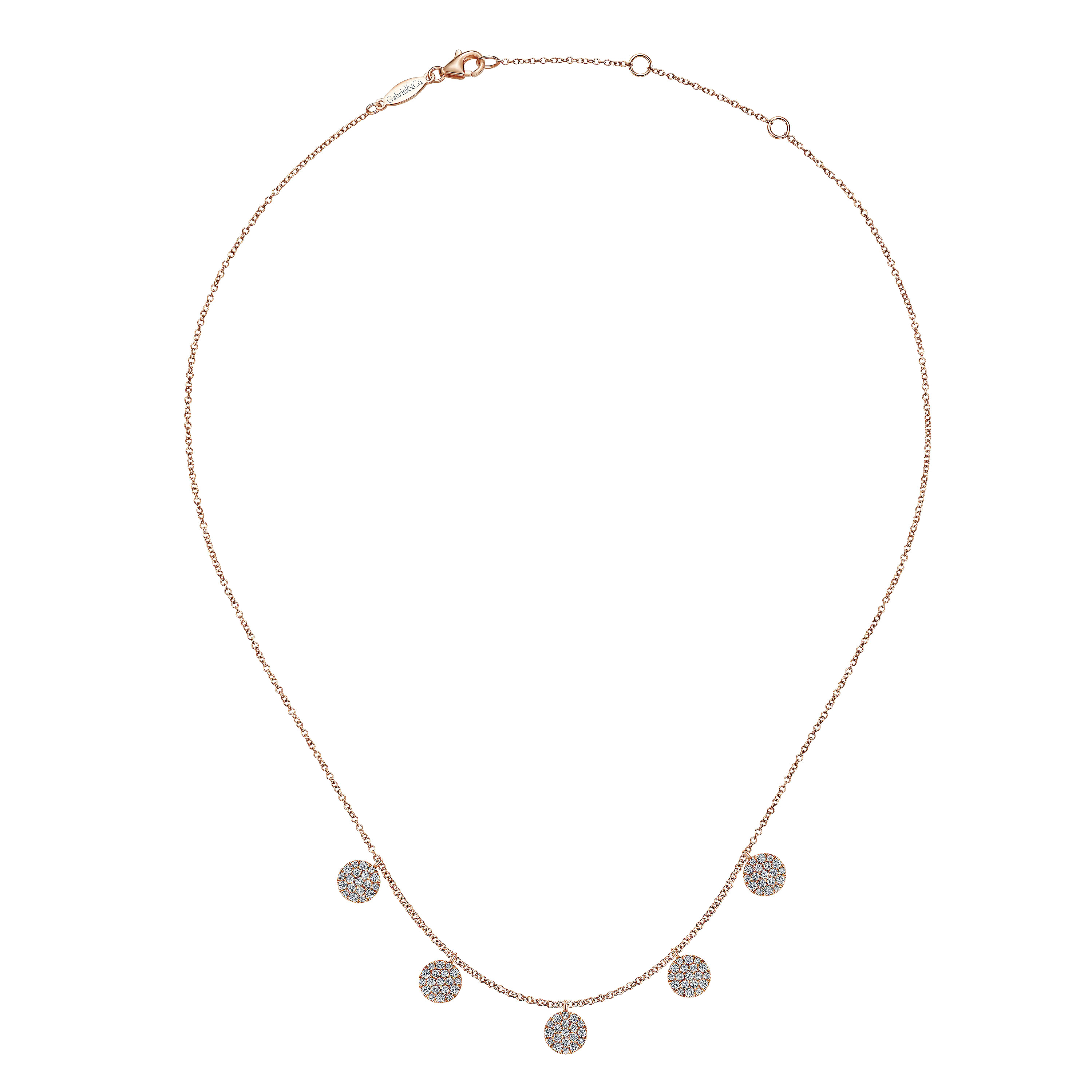 14K Rose Gold Necklace with Round Diamond Pave Disc Drops - 0.75 ct - Shot 2