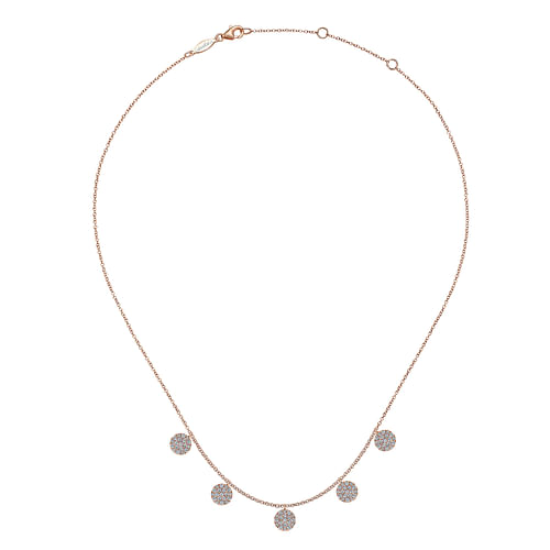 14K Rose Gold Necklace with Round Diamond Pave Disc Drops - 0.75 ct - Shot 2