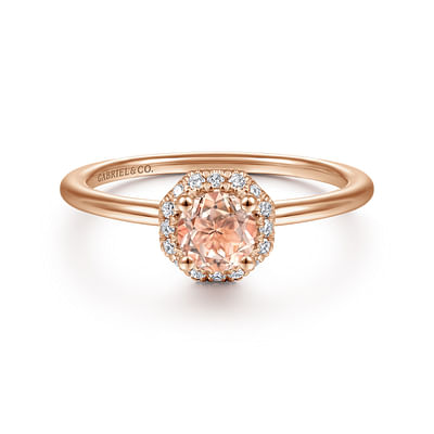 14K Rose Gold Octagonal Diamond Halo Round Morganite Ring