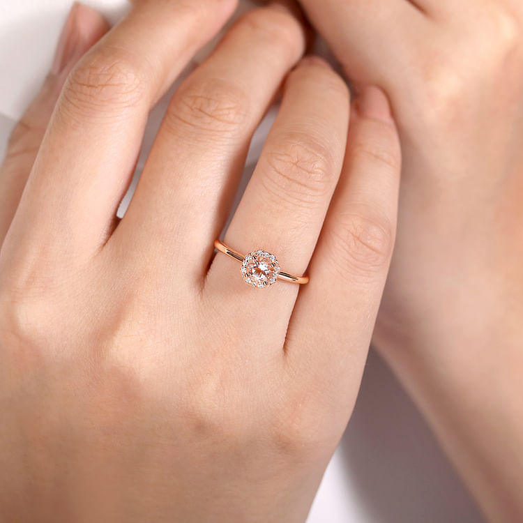 14K Rose Gold Octagonal Diamond Halo Round Morganite Ring