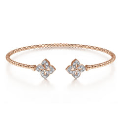 14K Rose Gold Open Bangle with Diamond Flowers