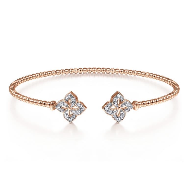 14K Rose Gold Open Bangle with Diamond Flowers - 0.23 ct - Shot 1