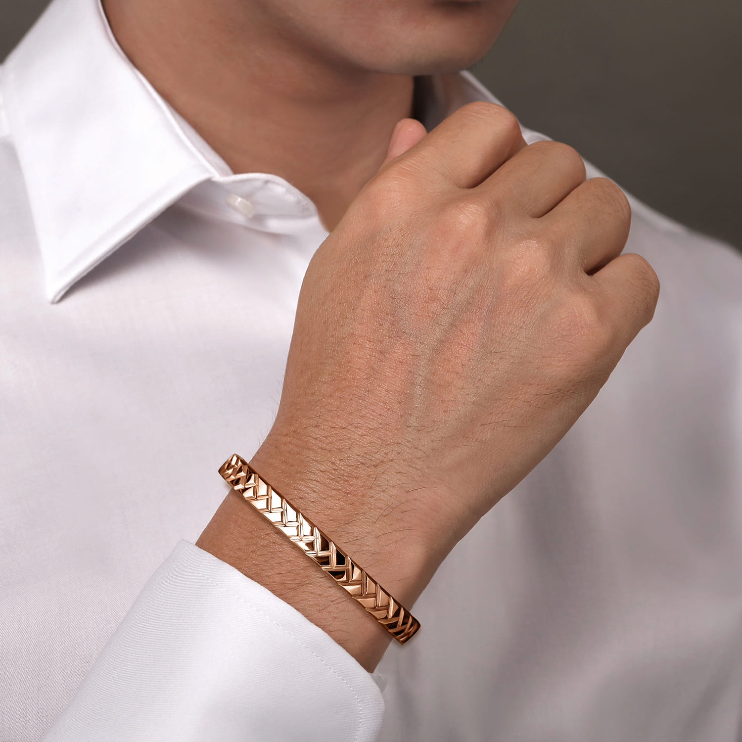 14K Rose Gold Open Herringbone Cuff Bangle - Shot 4