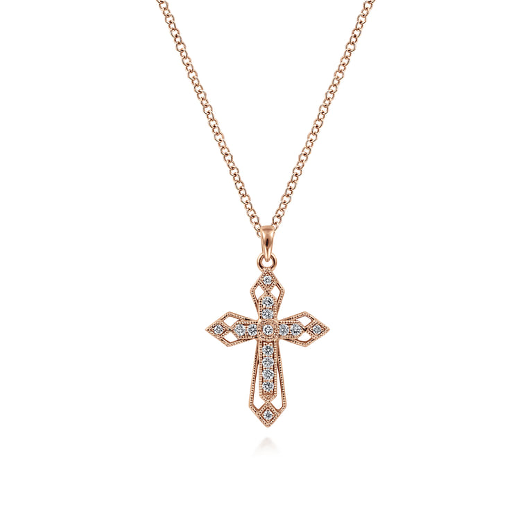 14K Rose Gold Openwork Diamond Cross Necklace - 0.1 ct - Shot 1