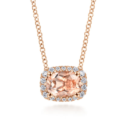 14K Rose Gold Oval Morganite and Diamond Halo Pendant Necklace