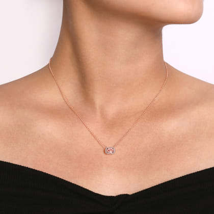 14K Rose Gold Oval Morganite and Diamond Halo Pendant Necklace