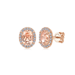 14K Rose Gold Oval Morganite and Diamond Halo Stud Earrings
