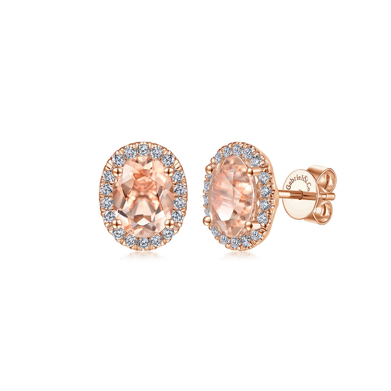 14K Rose Gold Oval Morganite and Diamond Halo Stud Earrings - 0.25 ct - Shot 1