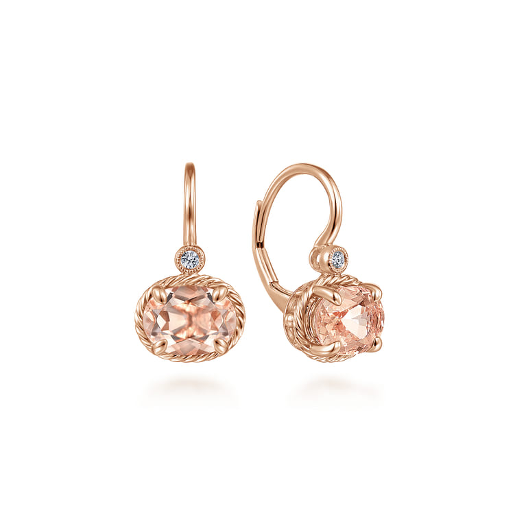 14K Rose Gold Oval Morganite and Diamond Leverback Earrings - 0.03 ct - Shot 1