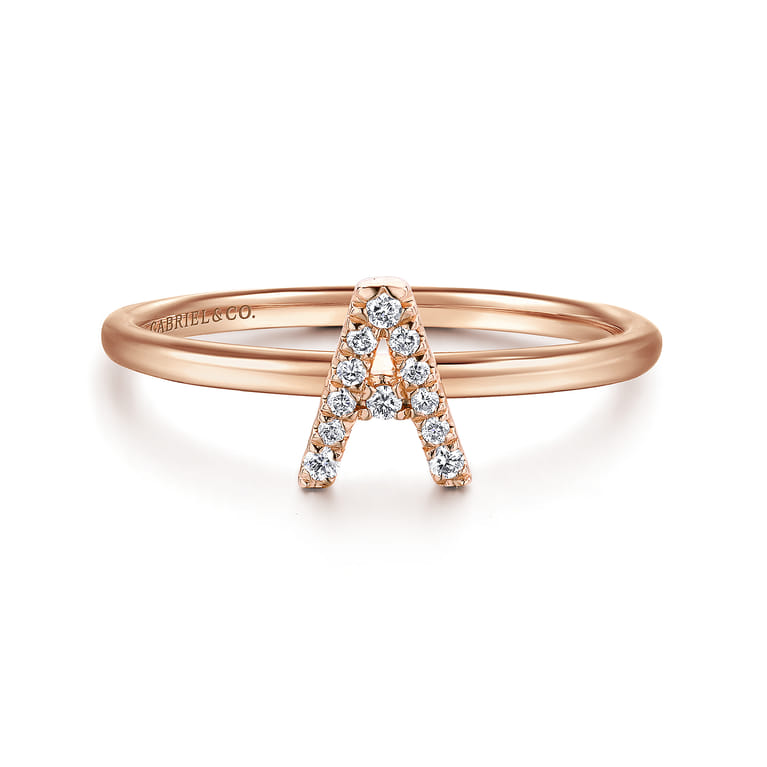 14K Rose Gold Pave Diamond Uppercase A Initial Ring - 0.06 ct - Shot 1