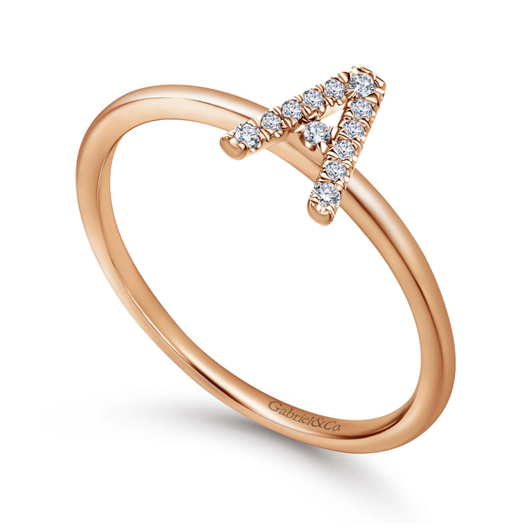 14K Rose Gold Pave Diamond Uppercase A Initial Ring - 0.06 ct - Shot 3