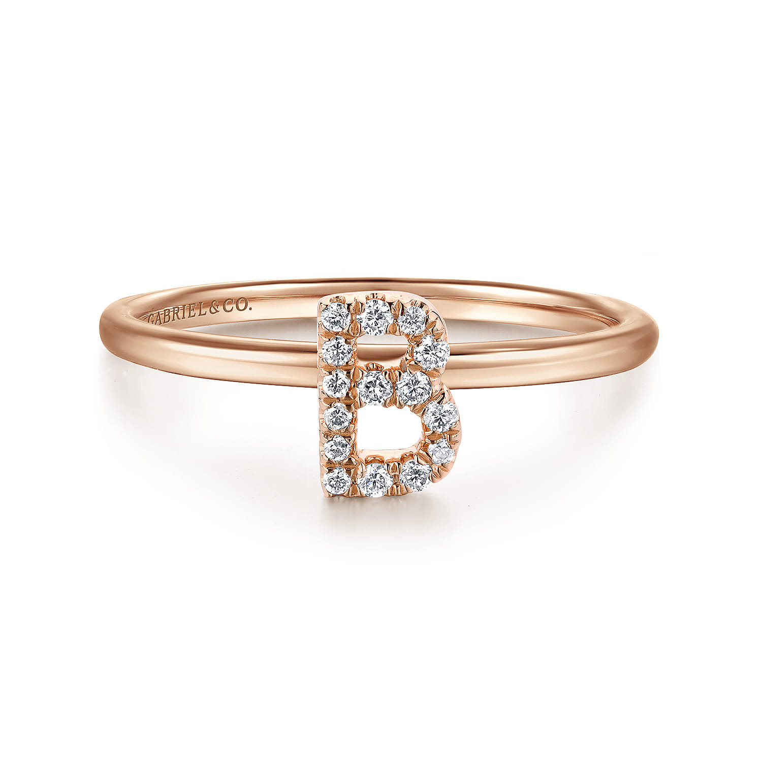 14K Rose Gold Pave Diamond Uppercase B Initial Ring - 0.08 ct - Shot 1