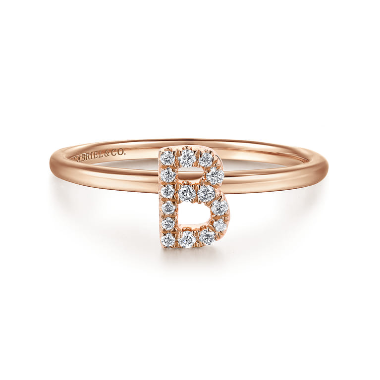 14K Rose Gold Pave Diamond Uppercase B Initial Ring - 0.08 ct - Shot 1