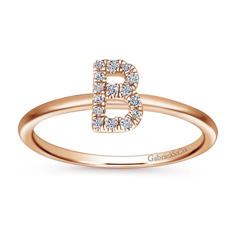 14K Rose Gold Pave Diamond Uppercase B Initial Ring - 0.08 ct - Shot 4