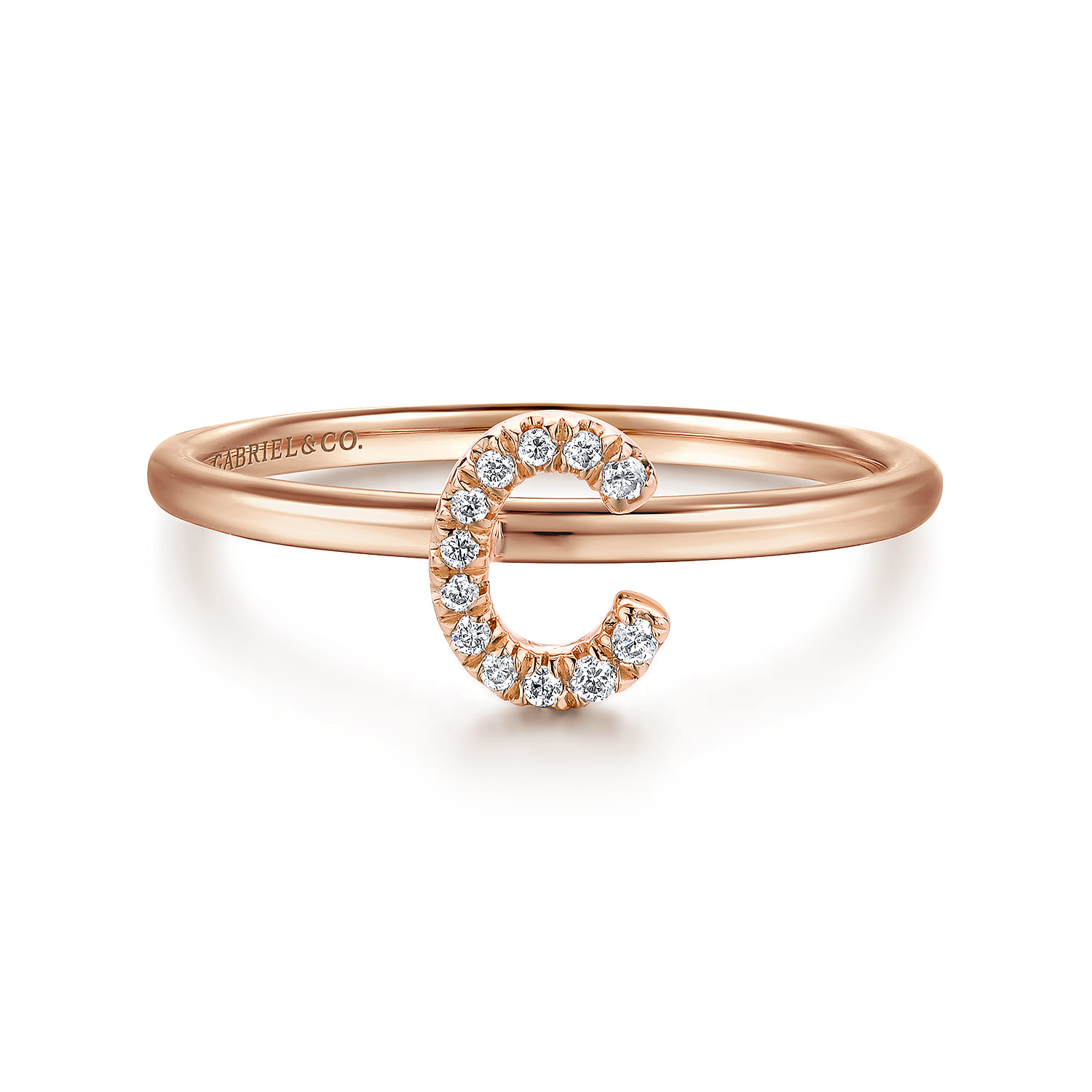 14K Rose Gold Pave Diamond Uppercase C Initial Ring - 0.05 ct - Shot 1