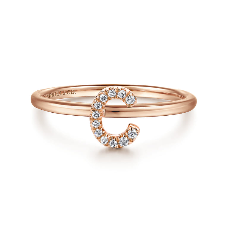 14K Rose Gold Pave Diamond Uppercase C Initial Ring - 0.05 ct - Shot 1