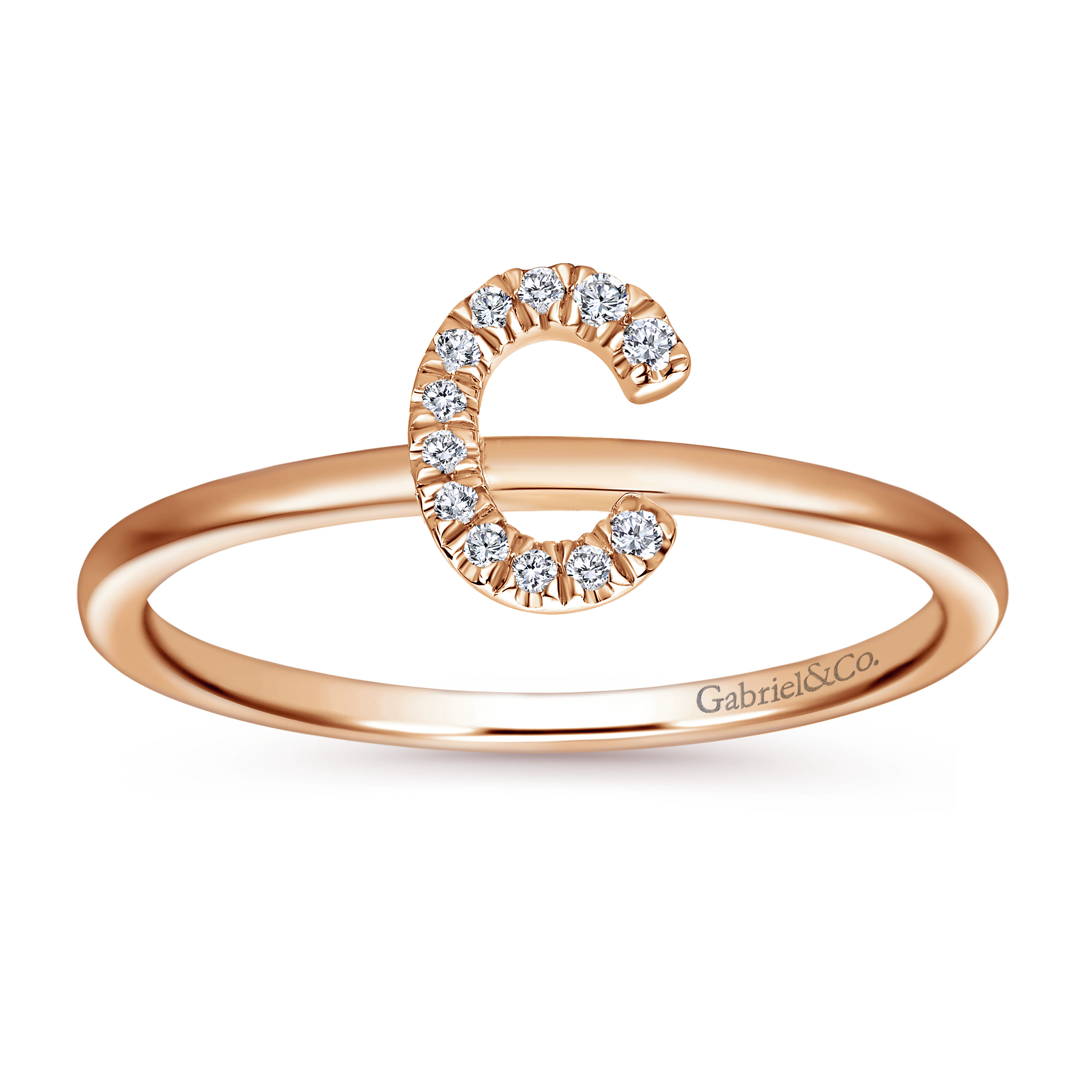 14K Rose Gold Pave Diamond Uppercase C Initial Ring - 0.05 ct - Shot 4