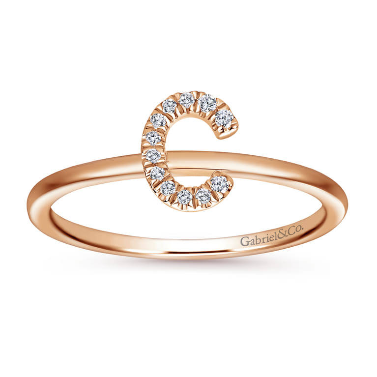 14K Rose Gold Pave Diamond Uppercase C Initial Ring - 0.05 ct - Shot 4