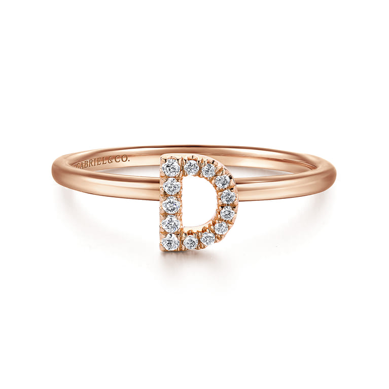 14K Rose Gold Pave Diamond Uppercase D Initial Ring - 0.07 ct - Shot 1