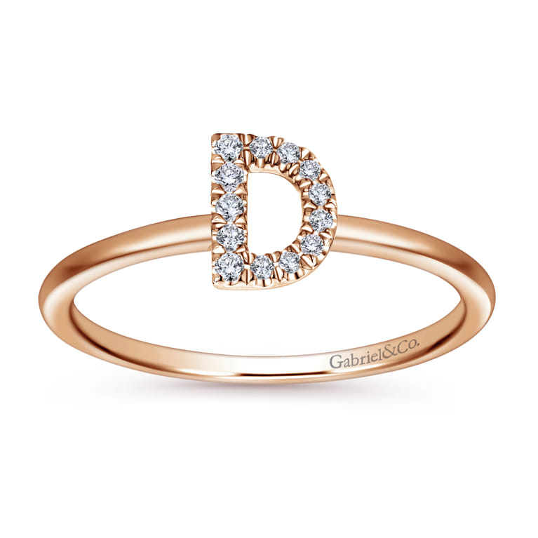 14K Rose Gold Pave Diamond Uppercase D Initial Ring - 0.07 ct - Shot 4